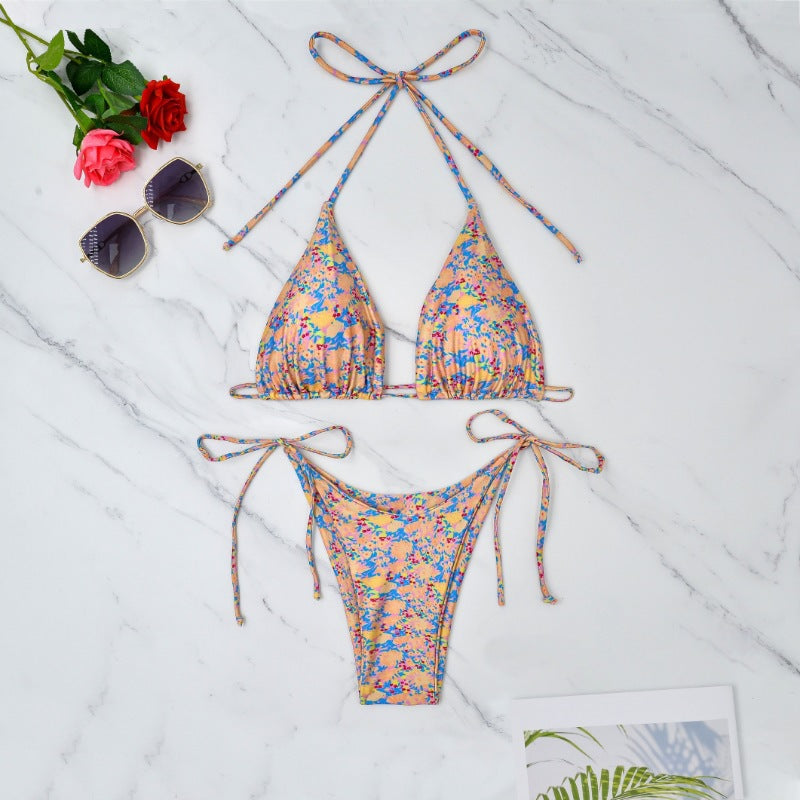 Damen Triangel-Bikini mit verstellbaren Bindebändern und floralem Muster Drune
