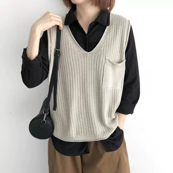 Damen Strickweste mit V-Ausschnitt und praktischer Brusttasche Drune