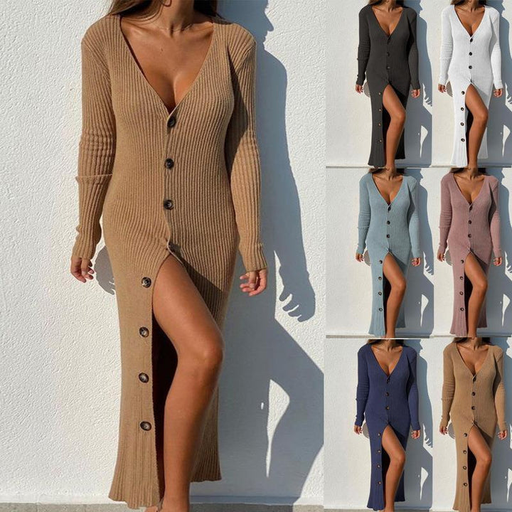 Damen Langarm Kleid mit durchgehender Knopfleiste und seitlichem Schlitz Drune