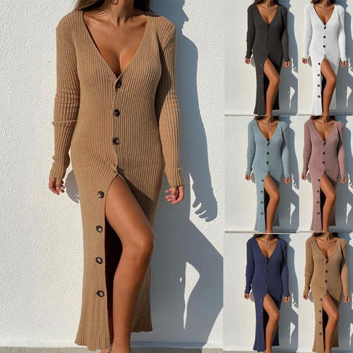 Damen Langarm Kleid mit durchgehender Knopfleiste und seitlichem Schlitz Drune