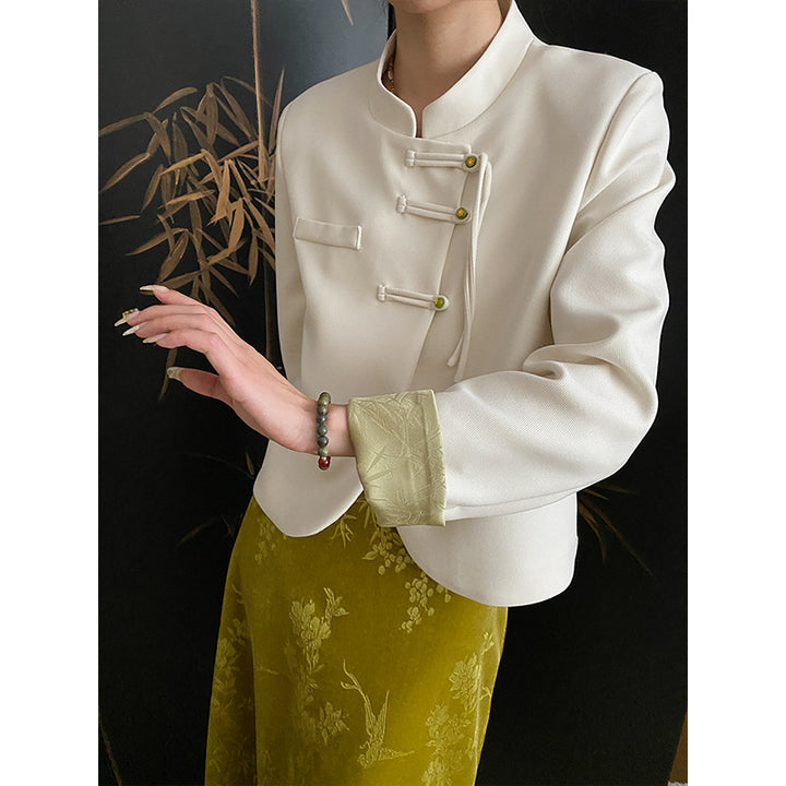 Damen komfortable Chiffon-Jacke mit asiatischen Knopfdetails Drune