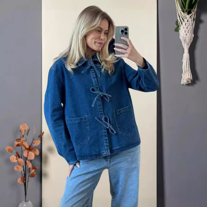 Damen Jeansjacke mit dekorativen Schleifen und praktischen Taschen Drune