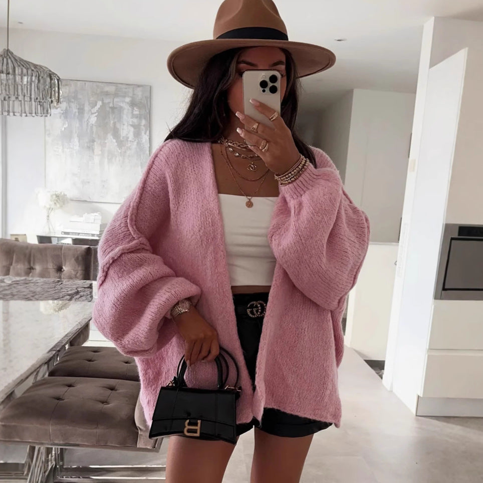Damen oversized Strickjacke mit lässigen Ballonärmeln und strukturiertem Material Drune