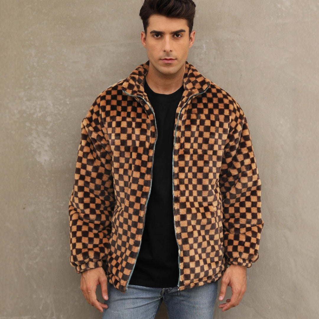 Herren Plüschjacke mit Karo-Muster und hohem Kragen Drune
