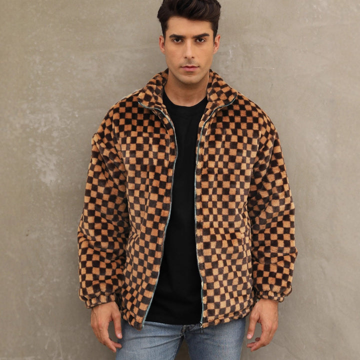 Herren Plüschjacke mit Karo-Muster und hohem Kragen Drune