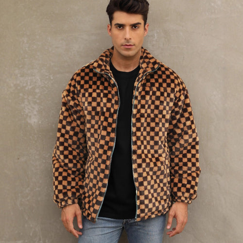 Herren Plüschjacke mit Karo-Muster und hohem Kragen Drune