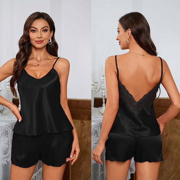 Damen luxuriöses Satin Schlafanzug-Set mit feinen Spitzenakzenten Drune