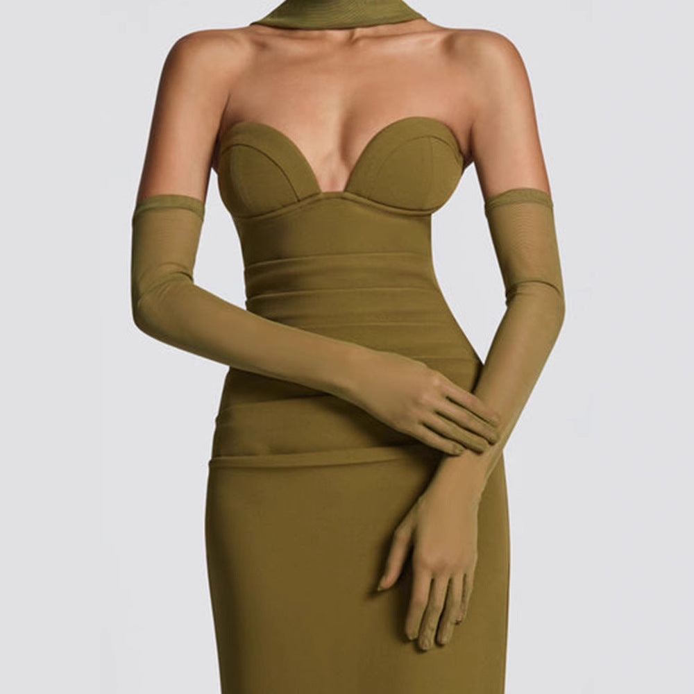 Damen Elegantes Schulterfreies Maxikleid mit figurformenden Einsätzen Drune