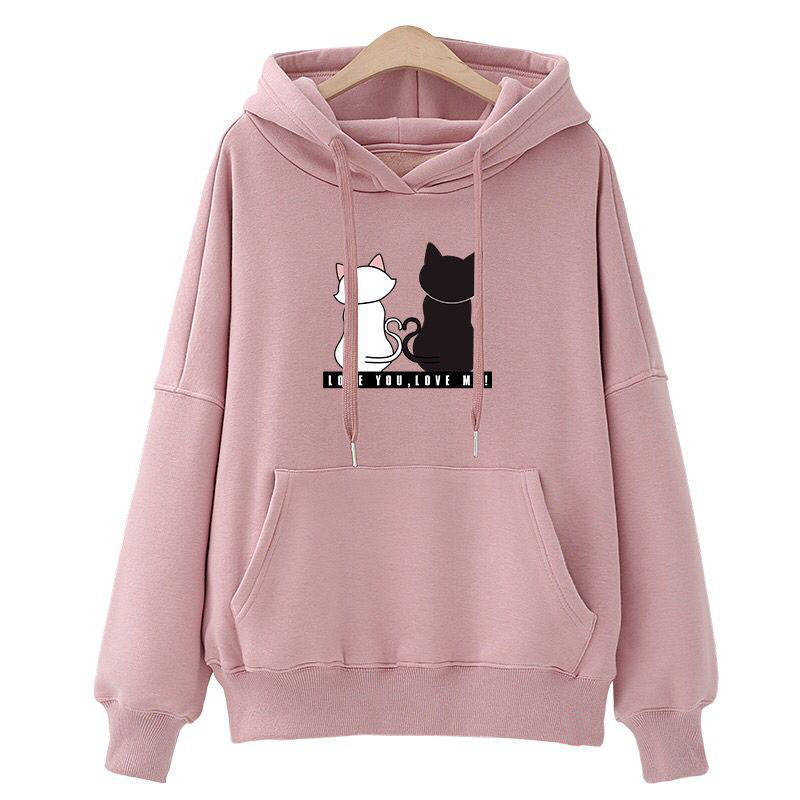 Damen Kapuzenpullover mit niedlichem Katzenmotiv und Kängurutasche Drune