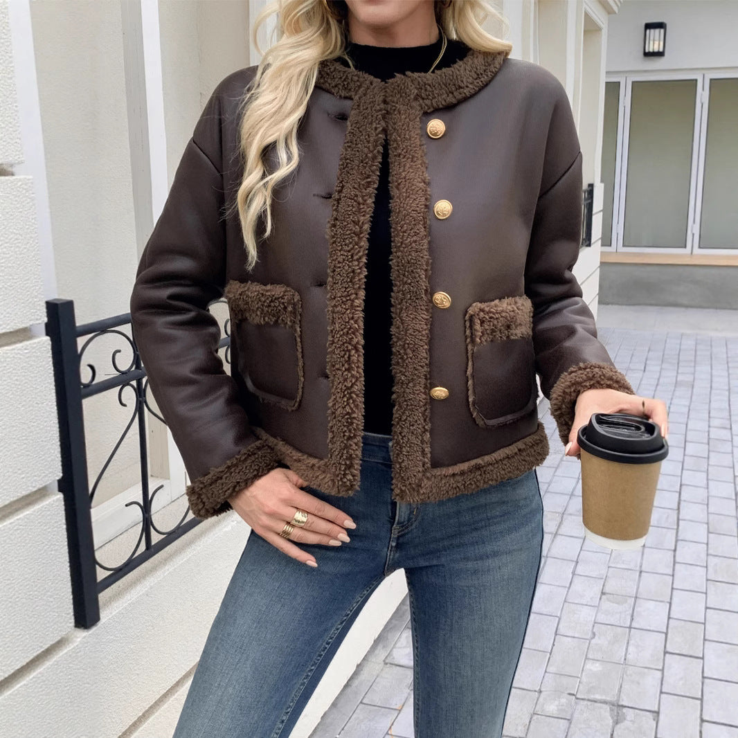 Damen Kurz geschnittene Texturjacke mit verdeckten Knöpfen und Taschen Drune