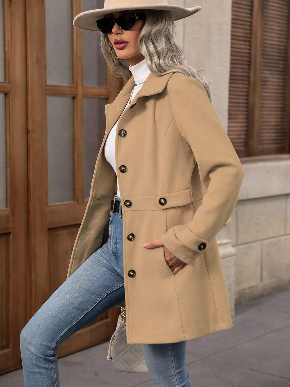 Damen eleganter Trenchcoat mit tailliertem Schnitt und Knopfdetails Drune