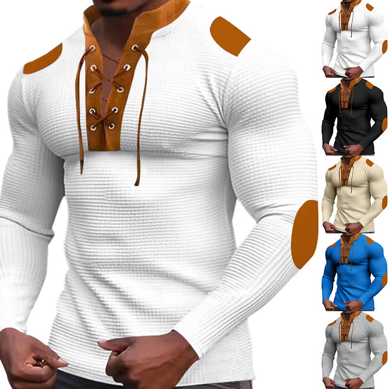 Herren Langarm-Henley-Shirt mit strukturiertem Gewebe und modischem Schnürdesign Drune