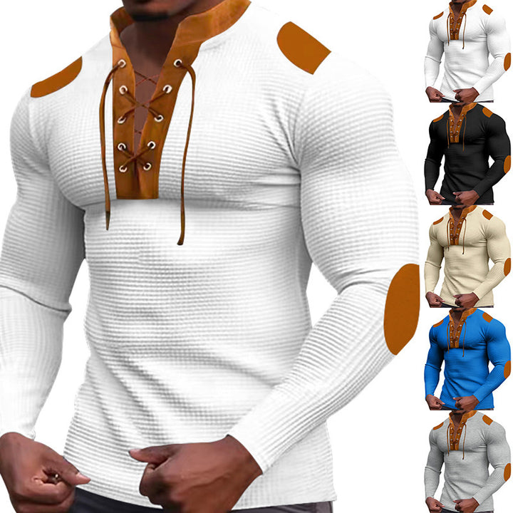 Herren Langarm-Henley-Shirt mit strukturiertem Gewebe und modischem Schnürdesign Drune