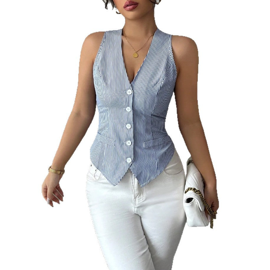 Damen Elegante Gestreifte Knopf-Leiste Korsett-Top Drune