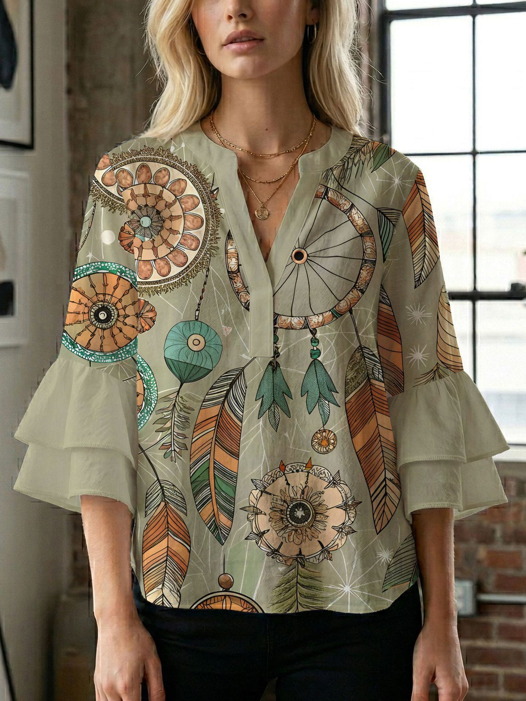 Damen Blusenshirt mit voluminösen Ärmeln und kreativem Druckdesign Drune