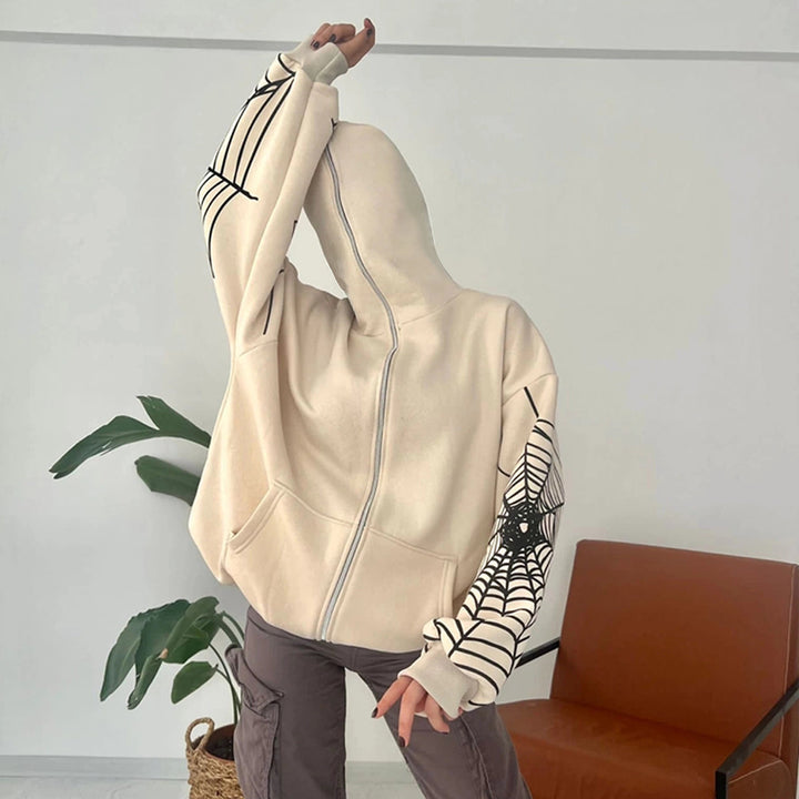 Damen Kapuzenpullover mit einzigartigem Spider-Web-Motiv und großzügigem Schnitt Drune