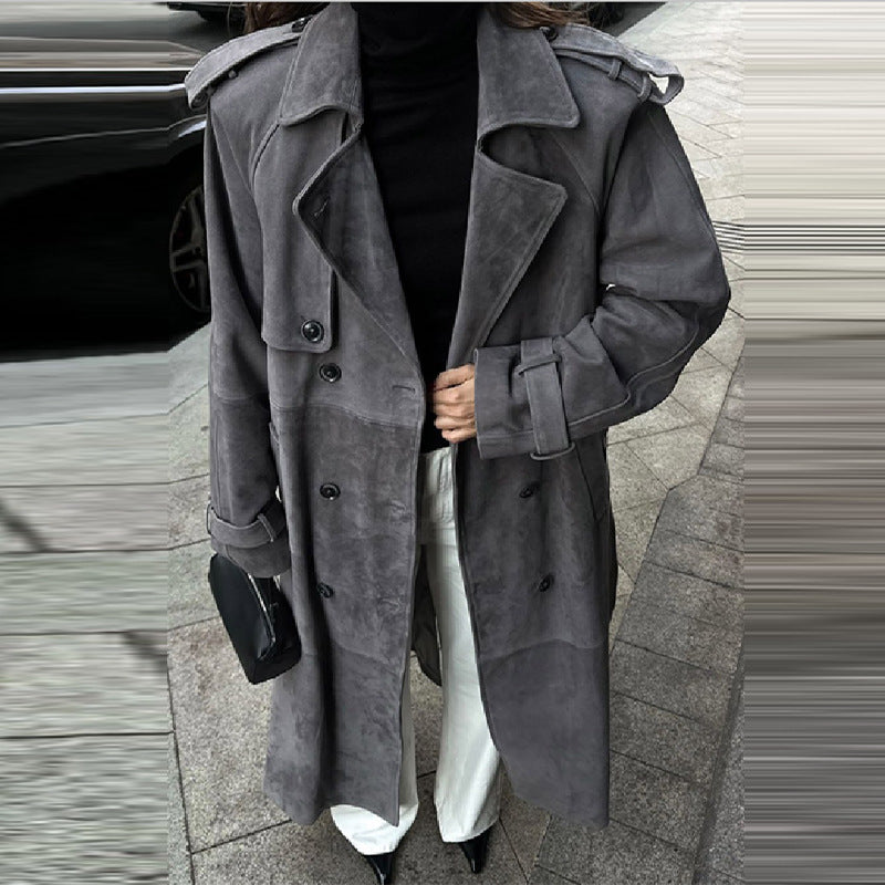 Damen Eleganter Long-Trenchcoat aus weichem Wildleder Drune