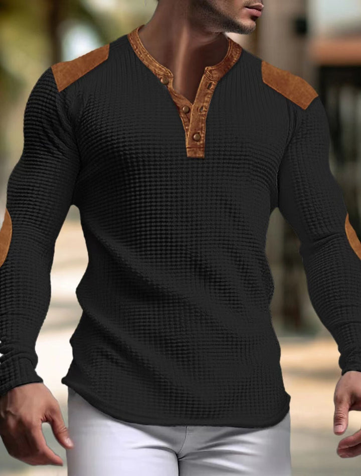 Herren Langarm-Henley-Shirt mit strukturiertem Gewebe und Kontrastdetails Drune