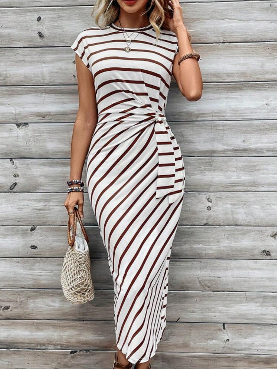 Damen Wickelkleid im modernen Streifenlook mit Taillenknoten Drune