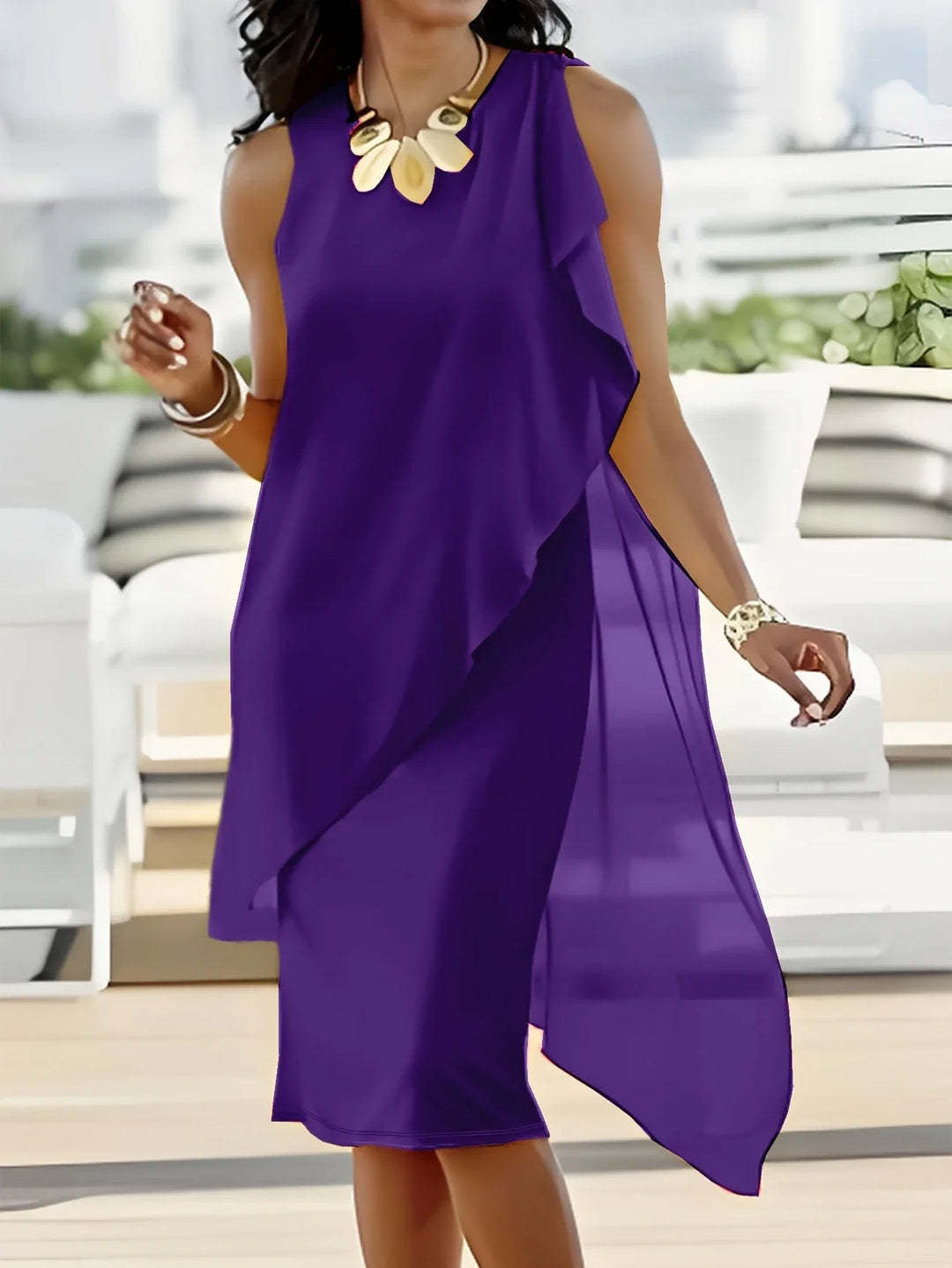 Damen asymmetrisches Chiffonkleid mit raffiniertem Rüschendetail Drune