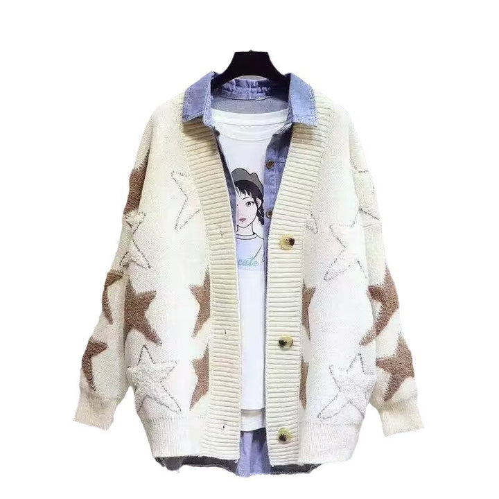 Damen Grobstrick-Cardigan mit Sternenmuster und tiefem V-Ausschnitt Drune