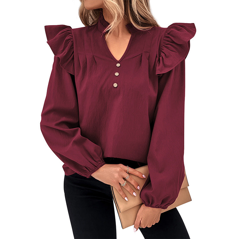 Damen elegante Bluse mit Rüschenärmeln und Knopfdetails Drune