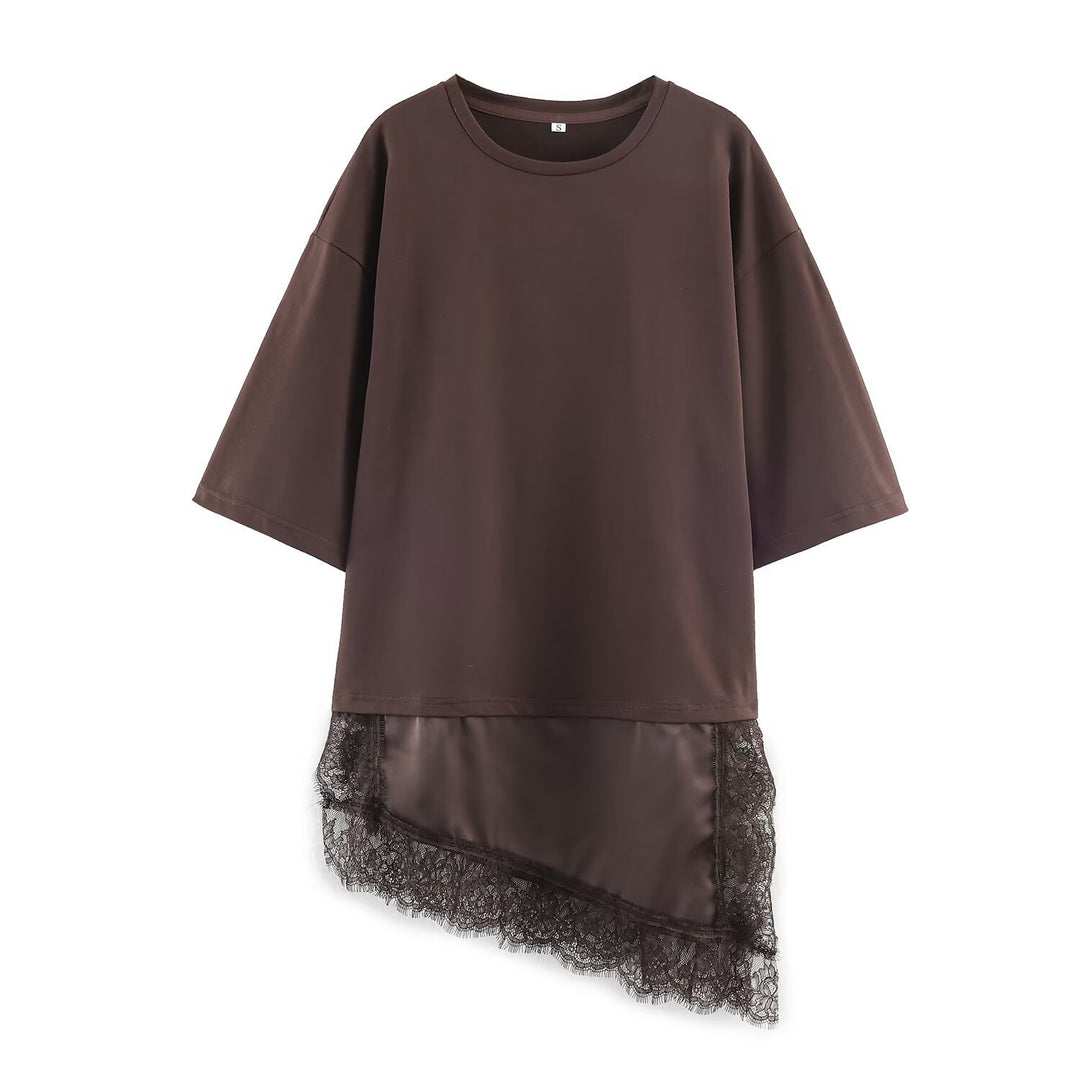 Damen asymmetrisches T-Shirt mit Spitzenbesatz Drune