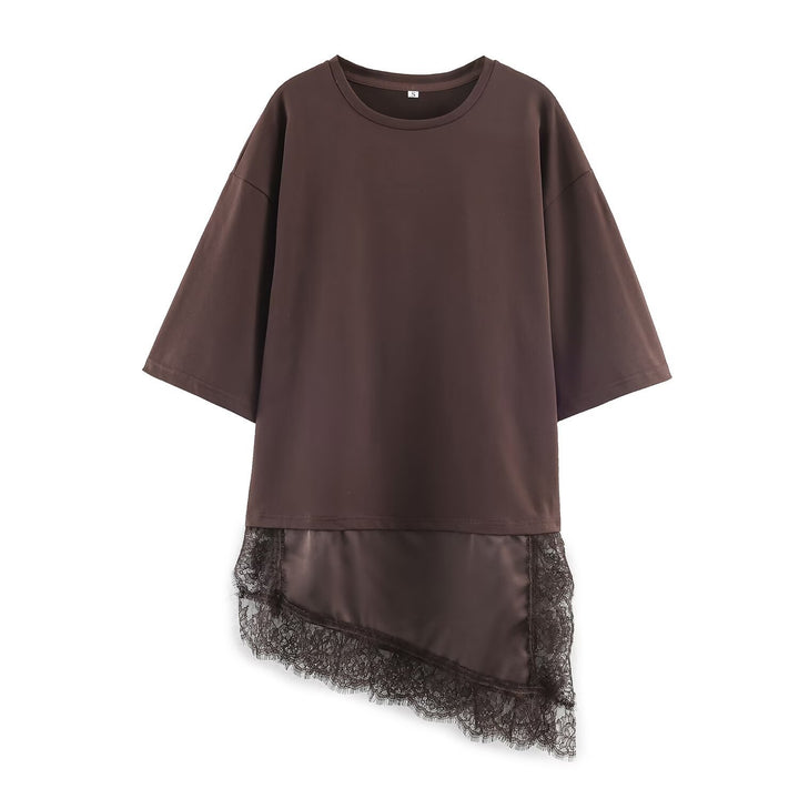 Damen asymmetrisches T-Shirt mit Spitzenbesatz Drune