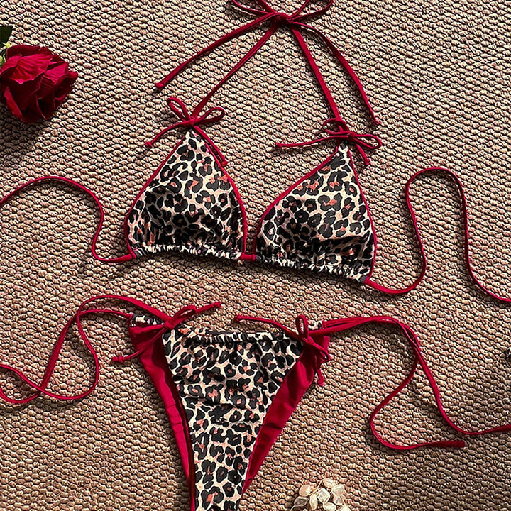 Damen Triangel-Bikini mit Leopardenmuster und raffinierten Schnürdetails Drune