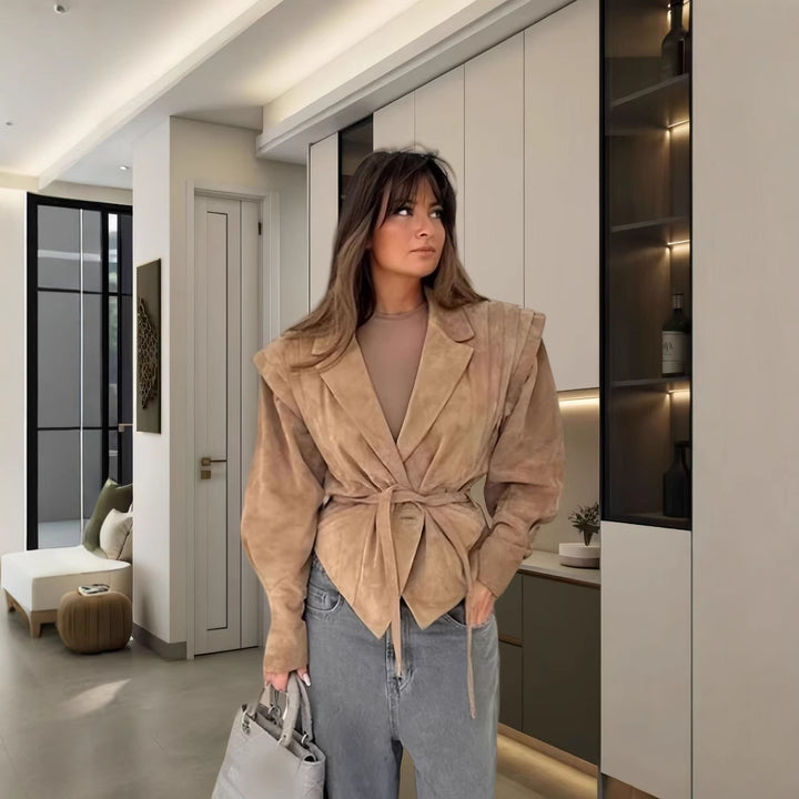 Damen schicke Wollblazerjacke mit Taillengürtel Drune