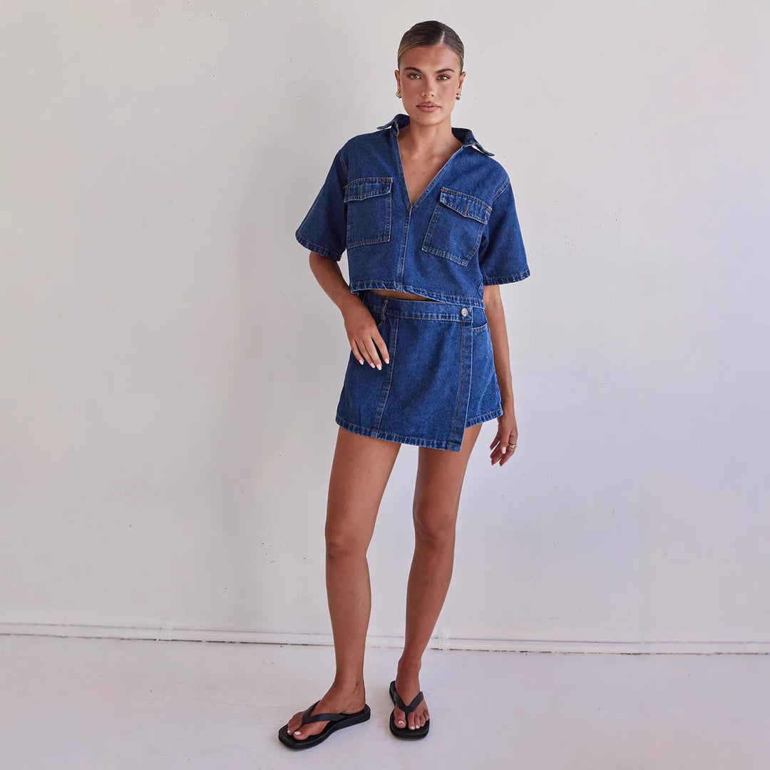 Damen Denim-Kurzjacke mit passendem Rock im lässigen Stil Drune