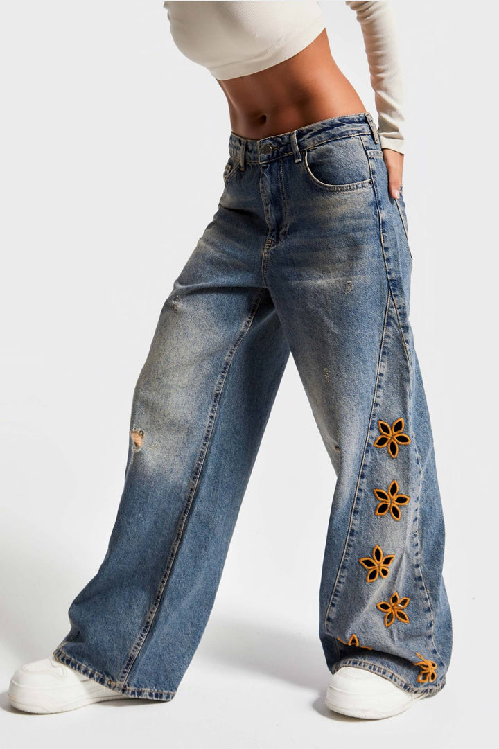 Damen weite Jeans mit floralem Stickdesign Drune