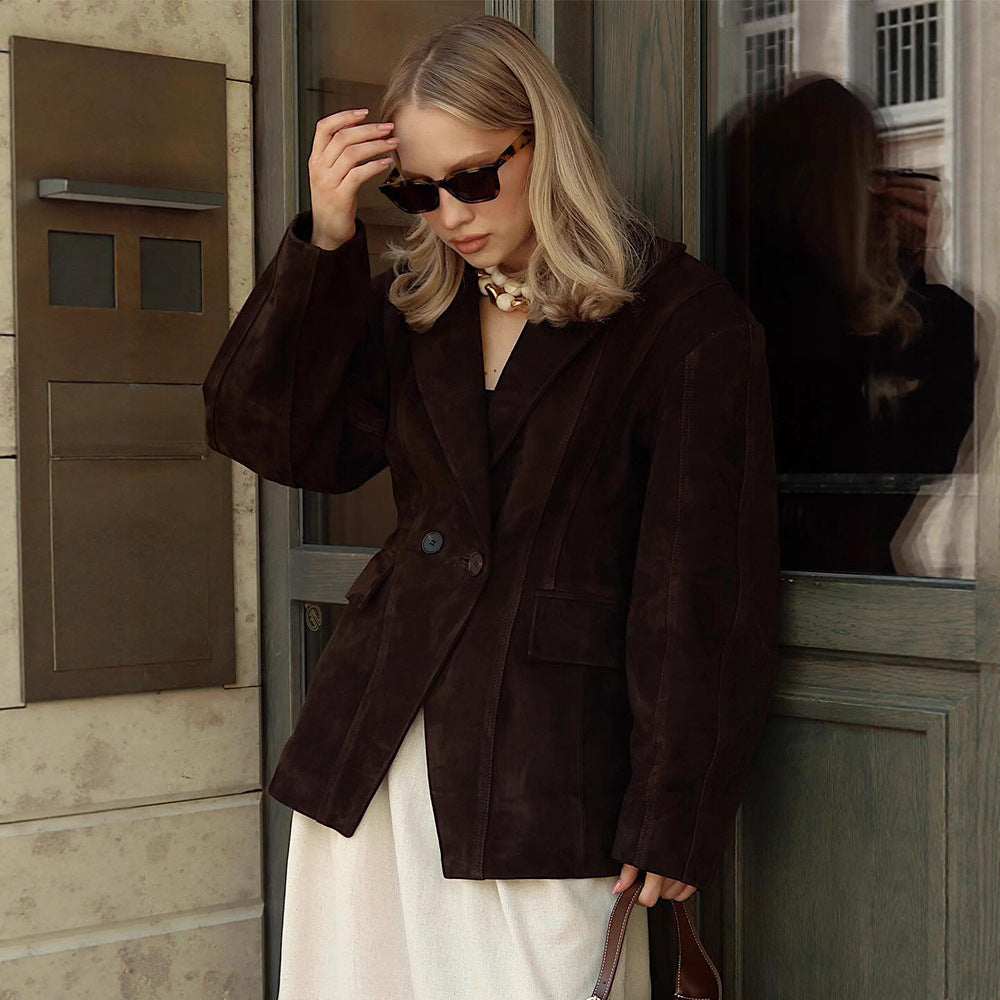 Damen modische Übergröße Blazerjacke mit strukturiertem Design und klassischen Knopfdetails Drune