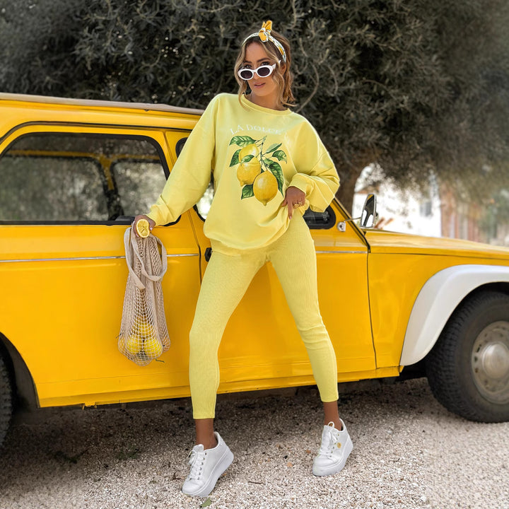 Damen nan Oversize Sweatshirt mit taillierten Rib-Leggings Set Drune