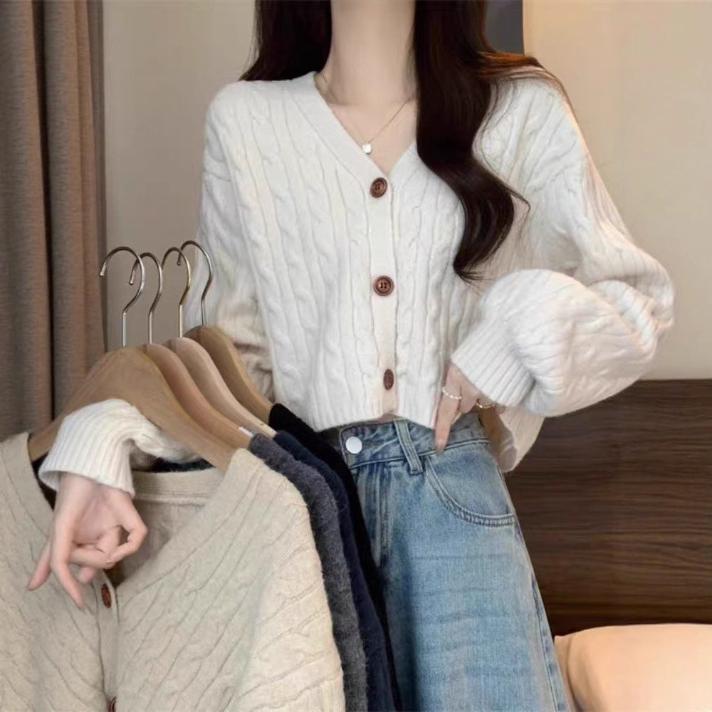 Damen kuscheliger Strickcardigan mit V-Ausschnitt und großen Knöpfen Drune