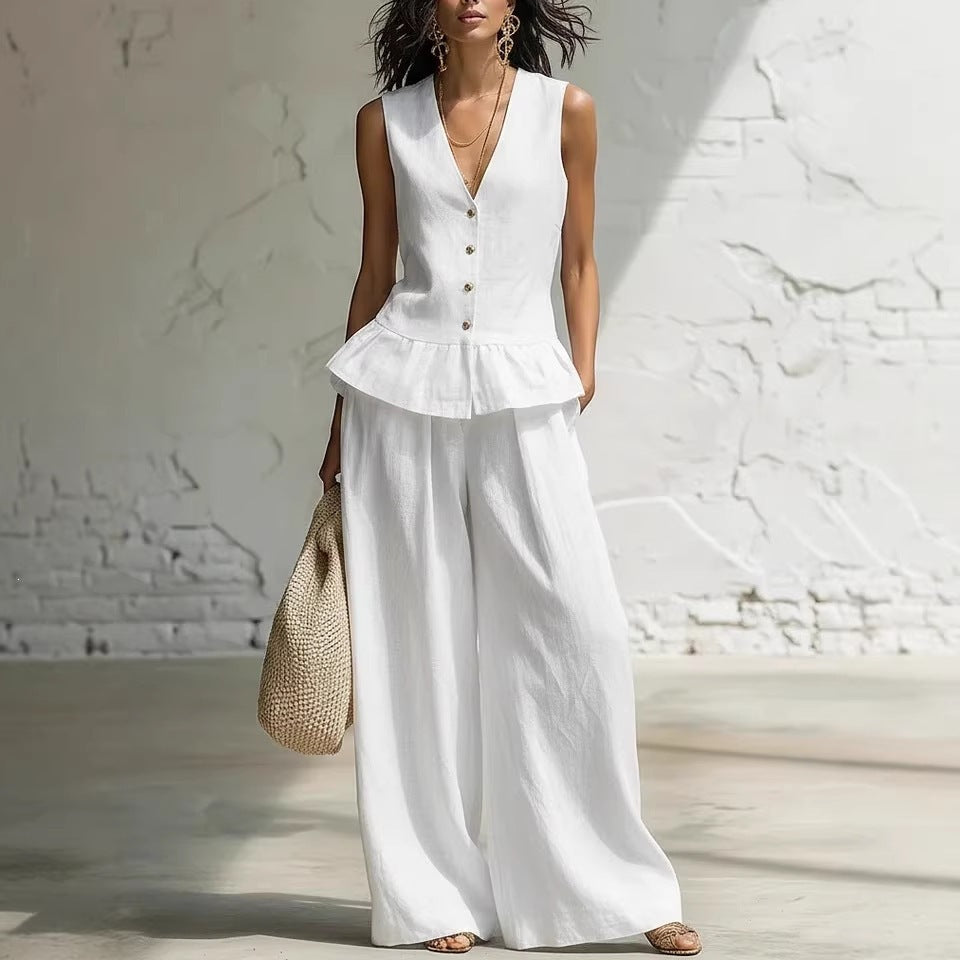 Damen lässiger Jumpsuit mit peplum Schnitt und Knopfdetails Drune