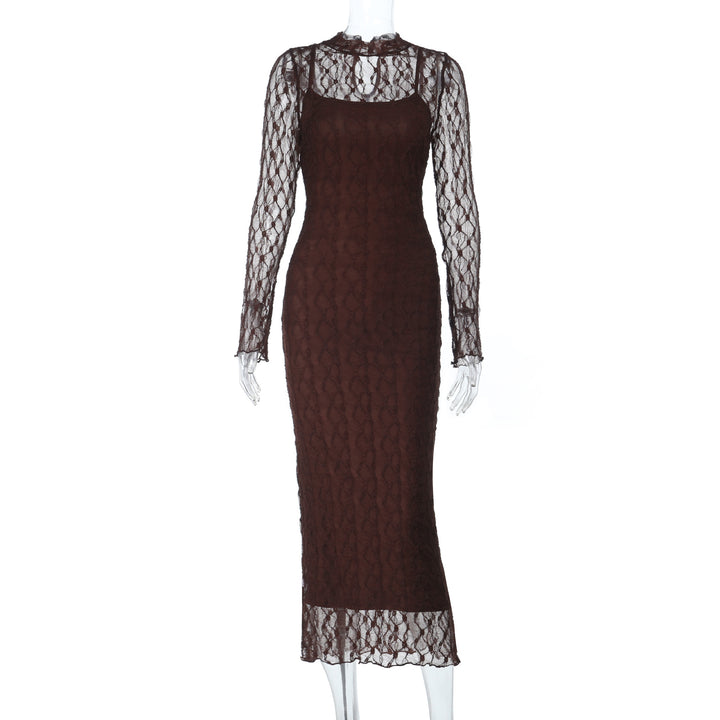 Damen Maxikleid aus transparenter Spitze mit eleganten Rüschendetails Drune