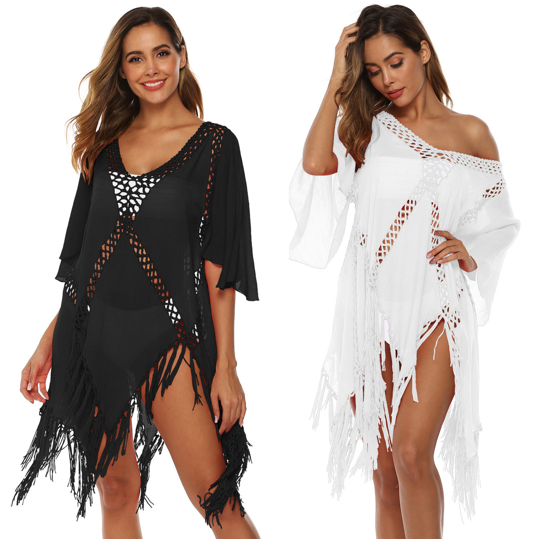 Damen eleganter Häkel-Strandüberwurf mit Fransen Drune