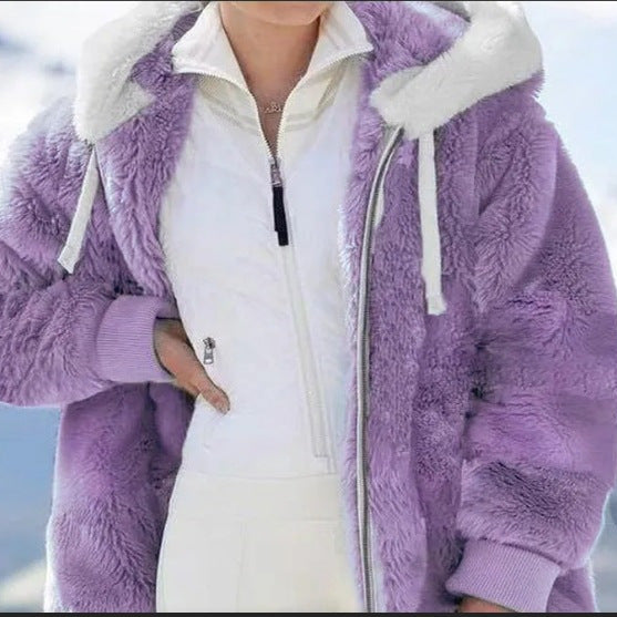 Damen Kuschelige Kunstpelzjacke mit Kapuze Drune