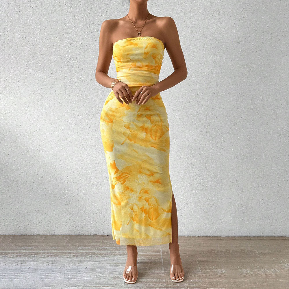 Damen Lange Hülsenmaxikleid mit Bandeau-Ausschnitt und hohem Schlitz Drune
