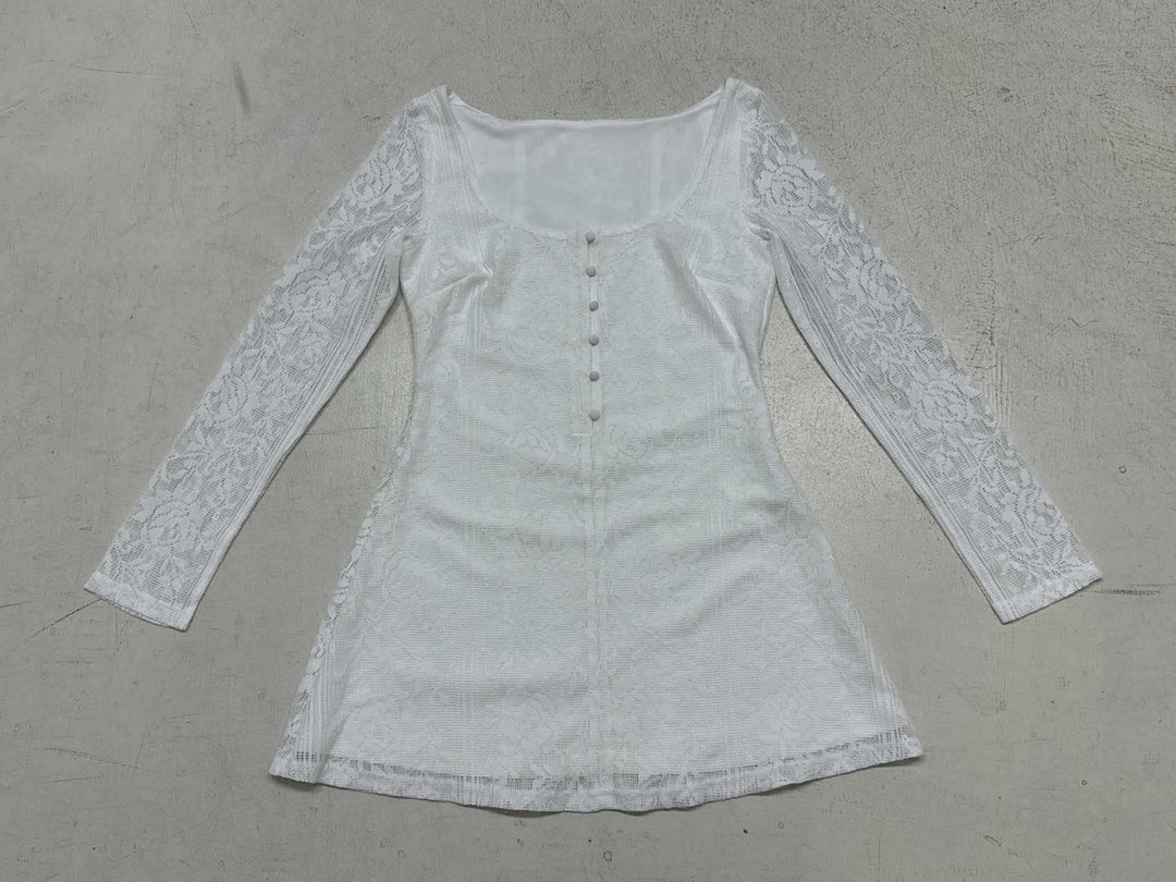 Damen Spitzenkleid mit Knopfleiste und langen Ärmeln Drune