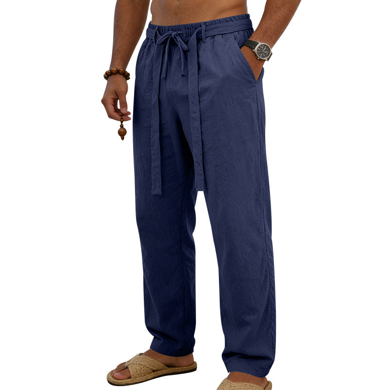 Herren nan leichte Leinen-Loungehose mit elastischem Tunnelzug, dekorativer Bundfalte und geradem Bein Drune