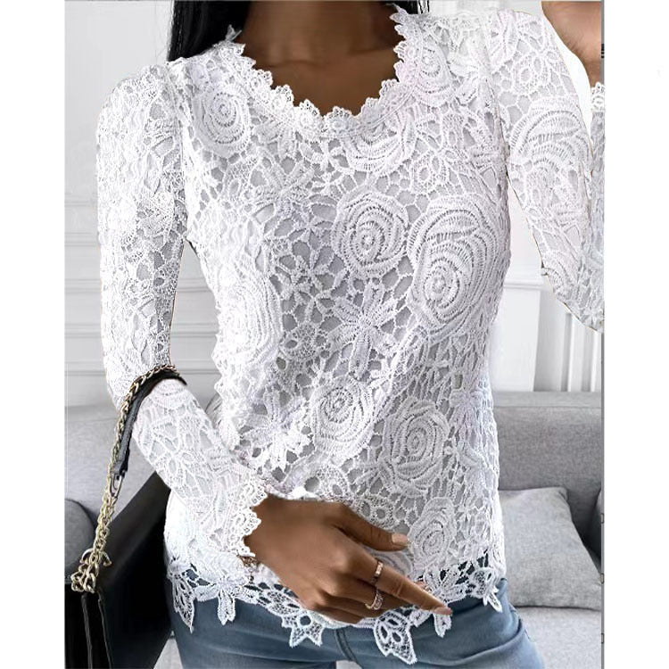 Damen nan figurbetonte Spitzenbluse mit floraler Allover-Spitze, Langarm und gezacktem Saum Drune