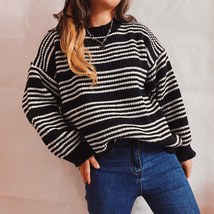 Damen lässiger Strickpullover mit breiten Streifen und überschnittenen Schultern Drune