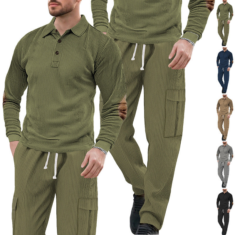 Herren nan geripptes Lounge-Set mit Polokragen Ellenbogenpatches und Cargohose Drune