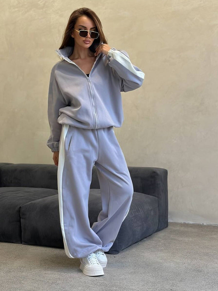Damen Sportliches Fleece-Sweat-Set mit hohem Kragen und seitlichen Streifen Drune