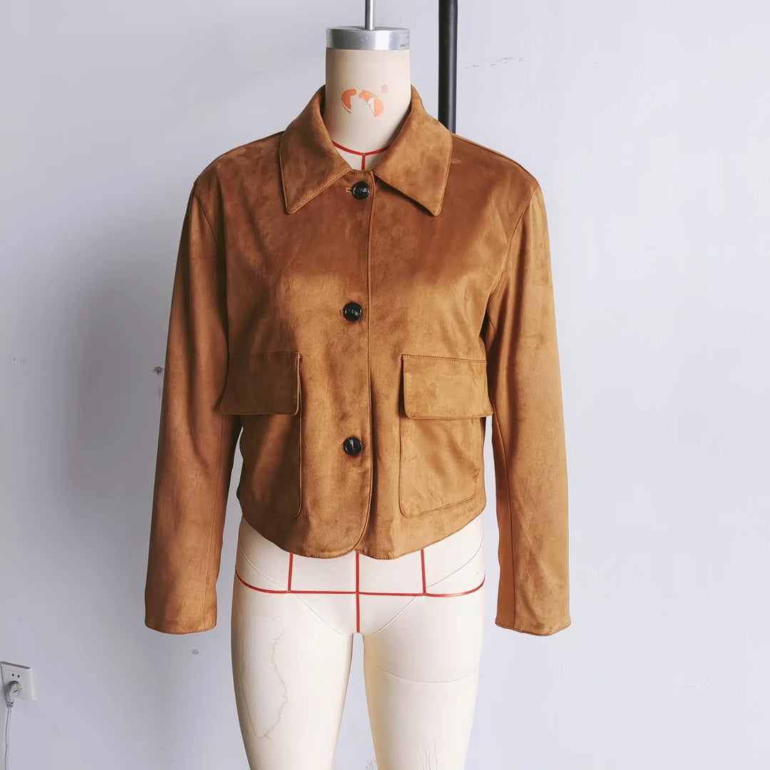 Damen modische Kurzjacke aus hochwertigem Wildlederimitat mit praktischen Taschen Drune