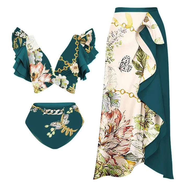 Damen Bikiniset mit voluminösen Ärmeln und elegantem Wickelrock Drune