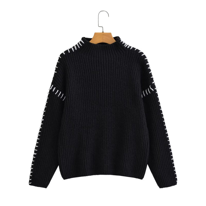 Damen nan Grobstrick-Oversize-Pullover mit hoher Rollkragenkante und Zierstich-Ärmeln Drune