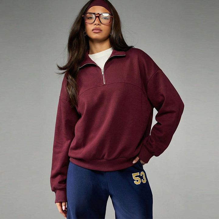 Damen lässiger Oversized Pullover mit Halbreißverschluss und weichem Fleece Drune